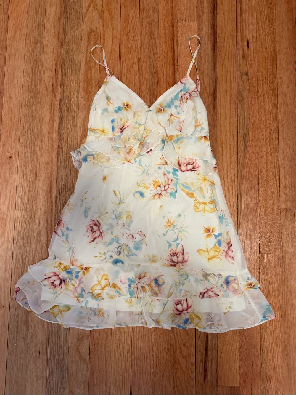 Lulu's Floral Ruffle Slip Dress - Cream with Pink & Blue Flowers